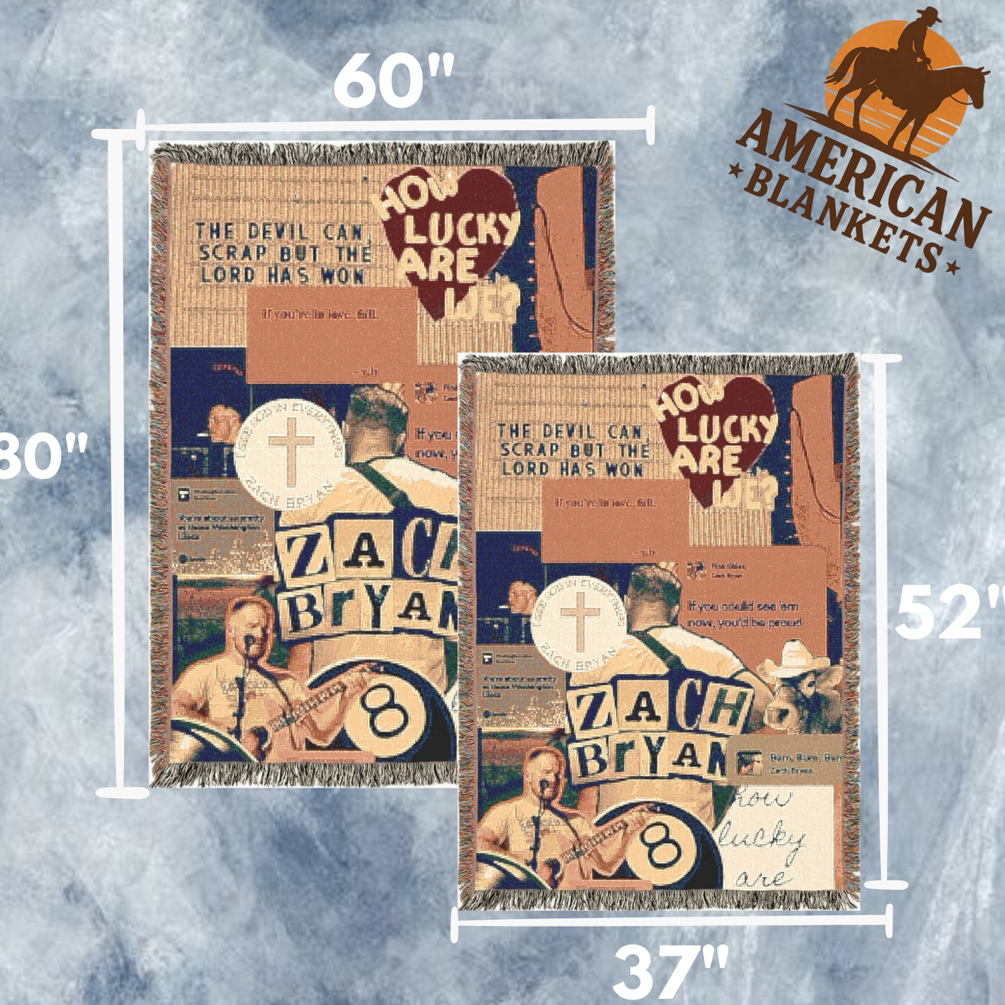 Two 'American Blankets' with a graphic of a man playing guitar and text, displayed against a textured gray background.